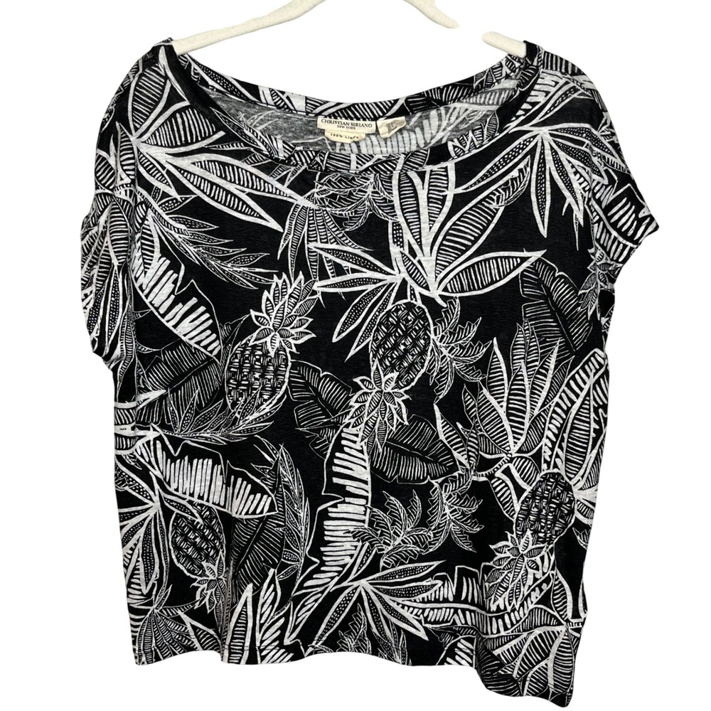 Christian Siriano LINEN Small Black White Pineapple Leaf Print Tunic Top